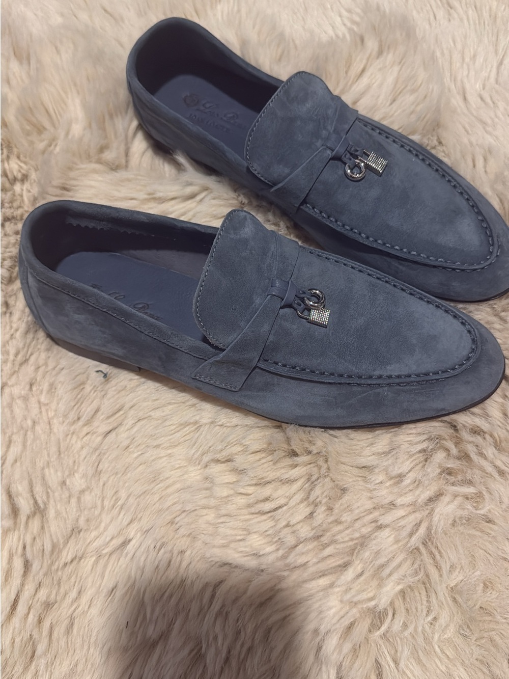Loro Piana Grey Suede Loafers with Metal Charm - Picture 2 of 6